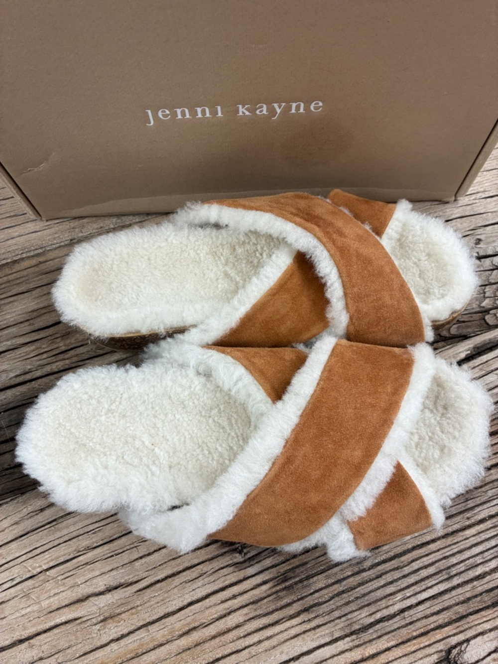 Jenni Kayne Chestnut Suede Shearling Crossband Slides 38